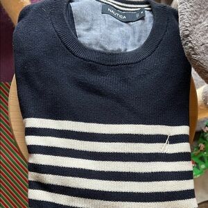 Nautica Men's Blue and White Striped Crewneck Sweater